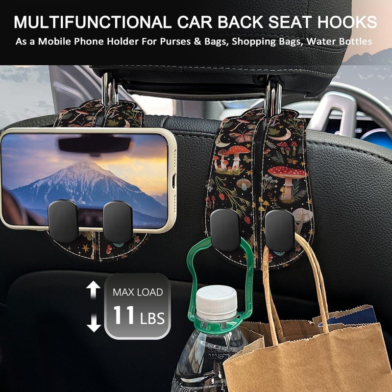Blusabaca 2PCS Car Seat Back Storage Headrest Hooks, Mushroom Moon Purse Holder Bags Hanger, PU Leather Double Metal Hook for Backseat Organizer, Women Car Accessories Organization - Image 3